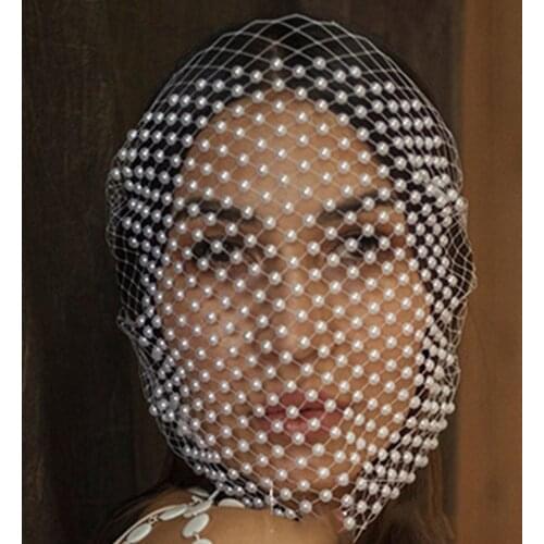 Funny Mesh Pearls Full Face Decorative Mask Headdress Wedding Jewelry for Women Rhinestone Bling Mask Face Accessories Headpiece