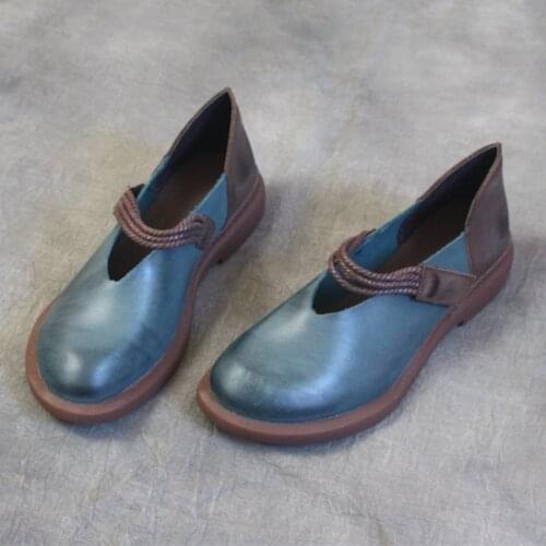 Women Flats Genuine Leather Women Shoes Low Heels Shoes Buckle Strap Round Toe Casual soft Retro Comfortable drive shoes women