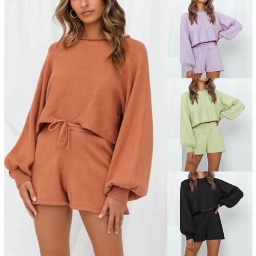 Womens Clothing Amazon 2021 Autumn and Winter Lantern Sleeve Sweater Shorts Solid Color Homewear Suit