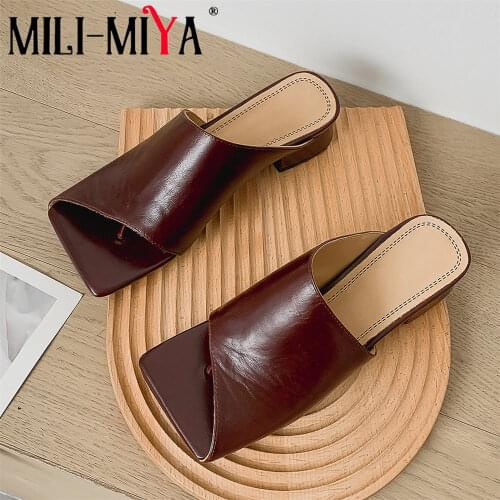 MILI-MIYA Fashion Classic Sandals Women Chunky High Heels Outside Slippers Elegant Square Toe Simple Genuine Leather Ladies Shoe
