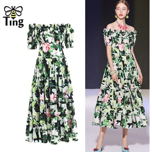 Tingfly 2021 Summer Designer New Vacation Dress Womens Ruched Fashion Green Lily Flower Print A-Line Midi Party Dress Robe Chic