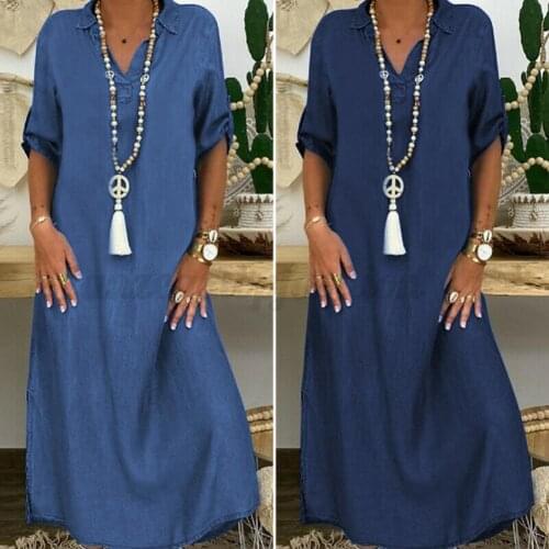 50% Hot Sales Women Half Sleeve Denim V-neck Loose Maxi Dress Streetwear for Daily Life