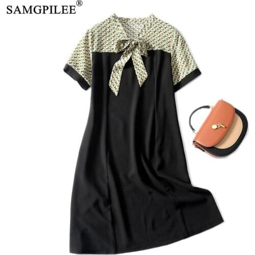 Dresses 2021 Summer New Floral Pattern Slim Dress Knee Length V Neck Bow Chiffon Short Sleeve Thin Women Dress Plus Size 4XL