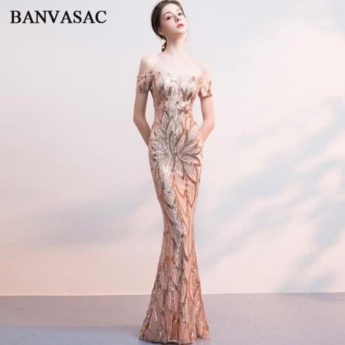 BANVASAC Sweetheart 2019 Sequined Mermaid Long Evening Dresses Party Off The Shoulder Short Sleeve Backless Prom Gowns