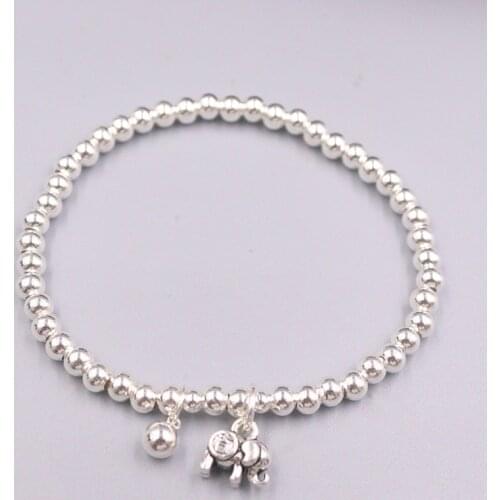 S925 Sterling Silver Bracelet Luck 4mmW Silver Beads with Elephant Bracelet 6.7inches Gift For Women