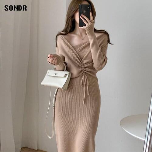 One-Piece Korean Cute Knitted Dress 2021 Autumn Winter New WomenS Clothing Long Sleeve V-Neck Drawstring Mid-Length Knit Dress