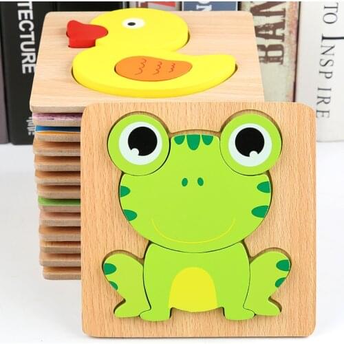 Wooden Cartoon Animal Three-Dimensional Toys 3d Puzzle Solid Wood Baby Handheld Jigsaw Puzzles Children Educatonal Toy