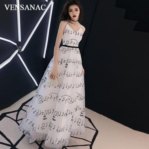 VENSANAC V Neck Notes A Line Long Evening Dresses Party Spaghetti Straps Sash Backless Prom Gowns