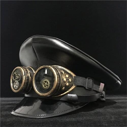 Retro Black Leather Germany Officer Visor Cap Army Hat Cortical Glasses Military Hats Police Cap Cosplay Halloween Hat