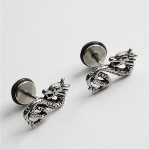 Chinese Style Retro Animal Dragon Earrings Silver Color Steel Casting Earrings Mens and Womens Party Jewelry Gifts