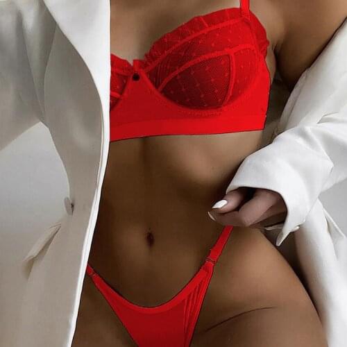 Red Women Sexy Lingerie Panties Lace Transparent Hot Erotic Underwear Sexy Bra Set And High Waist G-String Crop Top Lingerie Set