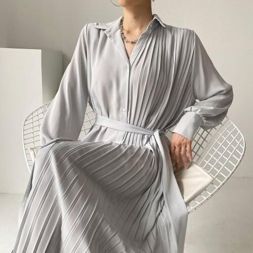 Korean Elegant Pleated Dresses Long Sleeve Turn-down Collar Woman Dress Causal Bandage Slim Waist Vestido Mujer 6L504