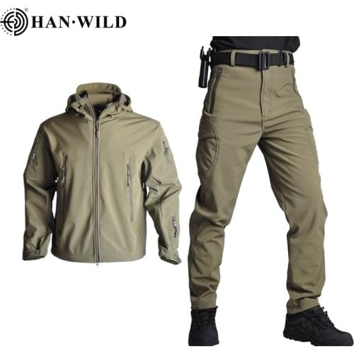 HAN WILD Tactical Jackets Men Soft Shell Jacket Army Windproof Camo Hunting Suit Shark Skin Military Hiking Jacket+Pants 5XL