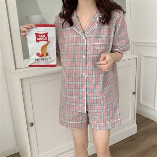 Summer plaid pajama set women home suit short sleeve shirts shorts 2 piece set homewear casual womens set sleepwear Y453
