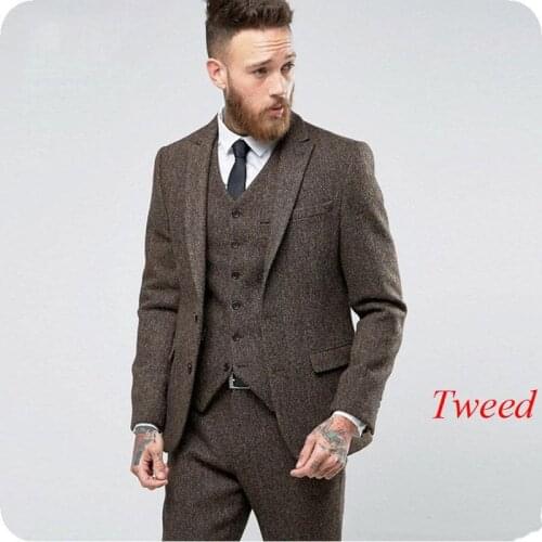 2020 Vintage Brown Herringbone Tweed Men Suits Wedding Suits For Man Bridegroom Groom Wear Blazer Slim Fit Custom Made Tuxedo