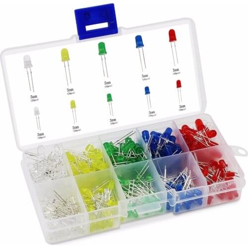 250Pcs/lot 3mm 5mm LED Light Emitting Diode Kit 5 Colors Red Green Yellow Blue White Electronic Component LED Diodes Set box
