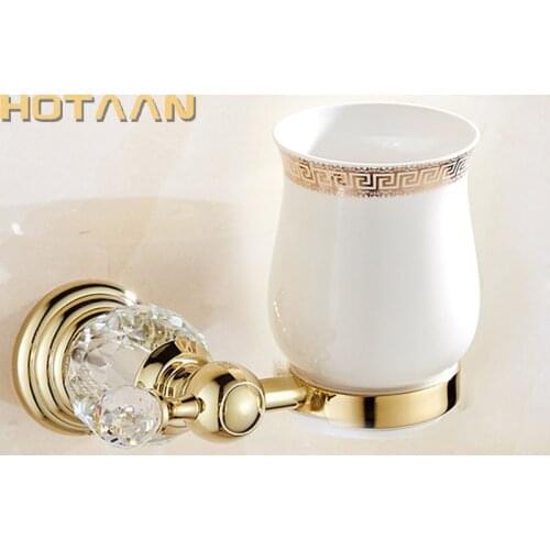 Wall mounted Golden Crystal Bathroom Accessories Single Cup Tumbler Holders,Toothbrush Cup Holders Free Shipping YT-12897-G
