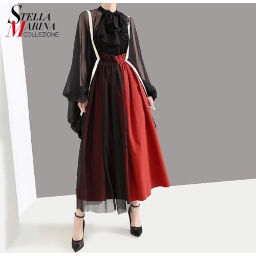 Korean Style Woman Red Long A-Line Strap Skirt Mesh Patchwork Empire Elastic Waist Ankle Length Young Ladies Casual Skirts 5390