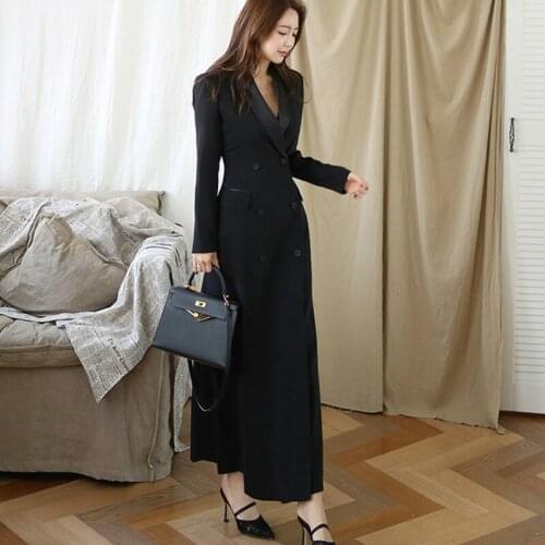 Solid OL Work Office Black Blazer Dress Women Double Button Long Dress Women Black Autumn Woman Dress Plus Size Vestido Longo