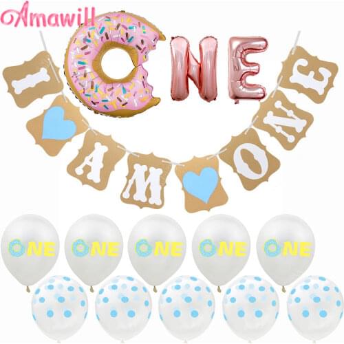 First Birthday Party Rose Gold Donut One Ballon Latex Balloon I AM ONE Banner For Baby Shower 1st Birthday Party Decoration Kids
