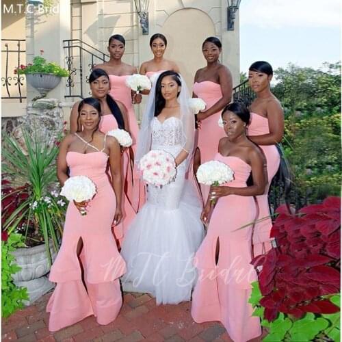 Dusty Pink Long Dresses For Bridesmaid Dresses Strapless Mermaid Front Slit Sexy Prom Gowns Plus Size Maid Of Honor Dress