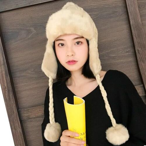H3589 Women Ear Protection Bomber Hat Korean Winter Wool Knitted Cap Student Sweet Cute Warm Plush Thickened Casual Fashion Hats