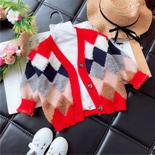 Boys & Girls Diamond Shaped Knitted Sweater Children Casual Knitwear Clothes 2018 Spring Fall Baby Kid Fashion Cardigan Coat B25