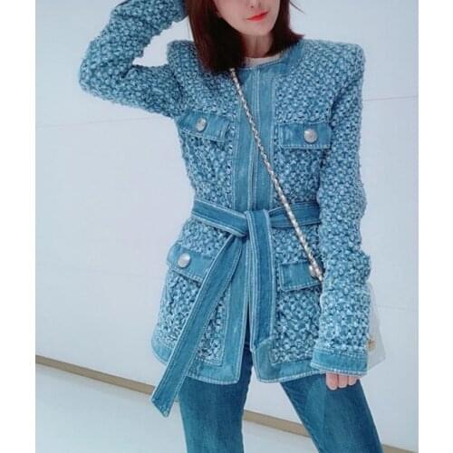 Vintage Jean Jacket For Women With Sashes Holes Metal Buckle Pocket Denim Coat Spring Long Sleeve Casual Streetwear