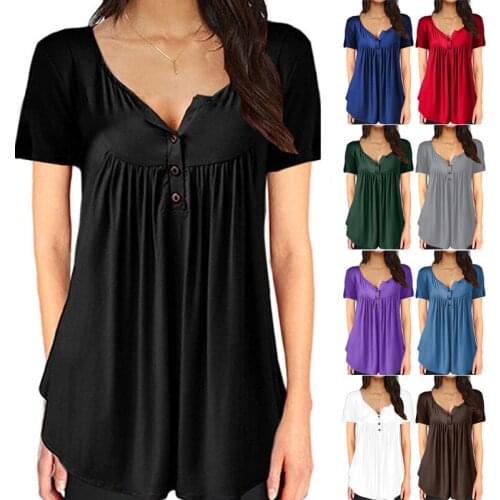 Women Plain Ruched Short Sleeve Button Casual Vest Tank T-shirt Tops Summer Breathable Loose Top XIN-Shipping