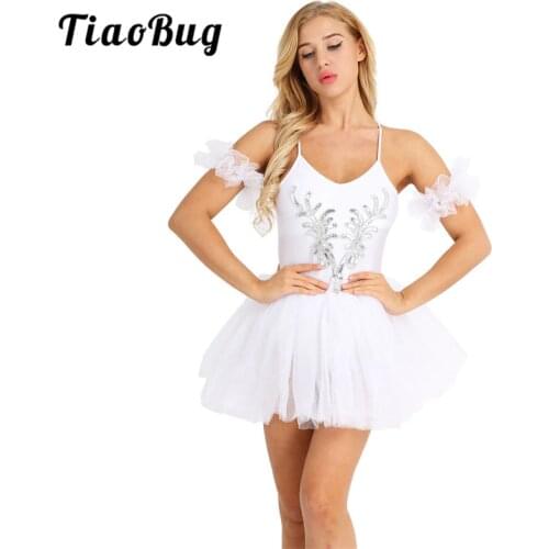 TiaoBug Women White Swan Lake Costumes Professional Ballet Tutu Dress Spaghetti Straps Sequin Ballet Leotard Stage Dance Costume