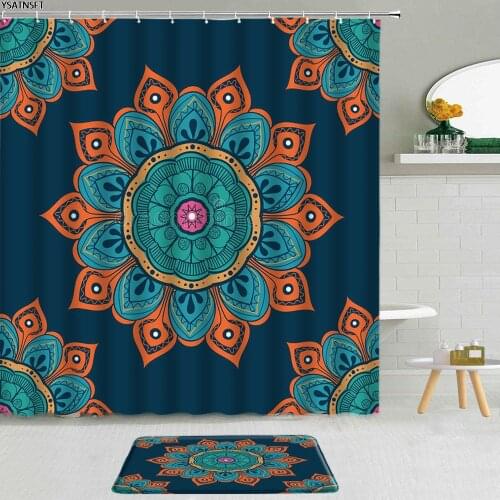 2Pcs 3D Colorful Bohemian Flowers Shower Curtain Mandala Floral Geometry Pattern Bathroom Curtains Non-Slip Carpet Bath Mat Set