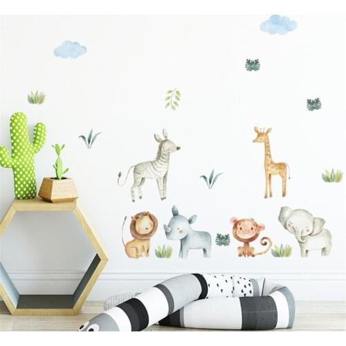 BalleenShiny Forest Lion Monkey DIY Wall Stickers for Baby Kid Room Fresh Pastoral Style Parlor Baby Room Cartoon Mural Decals