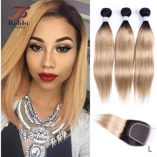 BOBBI COLLECTION 2/3 Bundles With Lace Closure 1B 27 Ombre Honey Blonde 12-24 inch Brazilian Remy Hair Straight Human Hair Weave