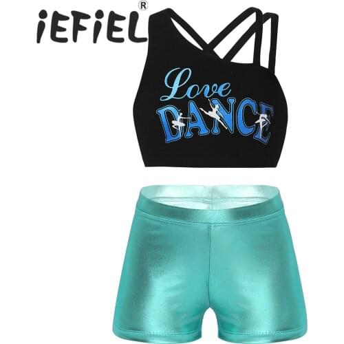 Kids Girls 3pcs Ballet Dancewear Gymastics Workout Outfit Cropped Tops with Shiny Shorts for Stage Performance Ballerina Dance