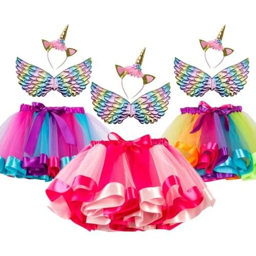 Unicorn Baby Girl Clothes Rainbow Skirt+Wings+Unicorn Headband 3pcs Outfits Summer Princess Party Kids Clothing Set Size 1-8Yrs