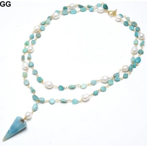 GuaiGuai Jewelry Natural Freedom Blue Amazonite White Rice Pearl Statement Necklace Real Amazonite Pendant Handmade For Women