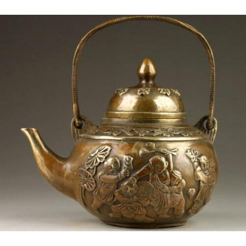 Chinas rare handmade old copper five children playing the teapot