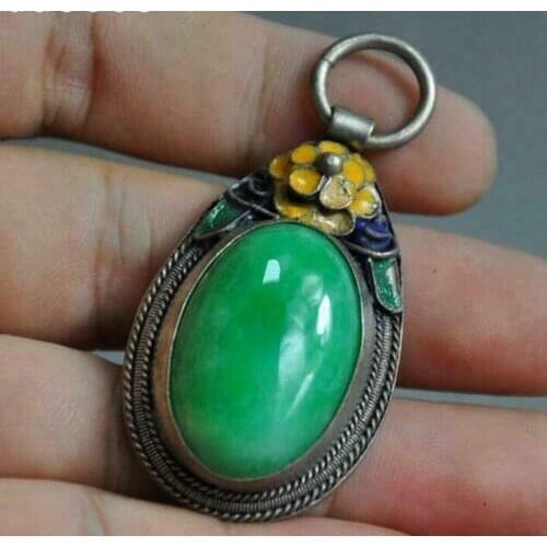 Collect Chinese Tibet silver Cloisonne inlay jade flower statue jewelry Pendant