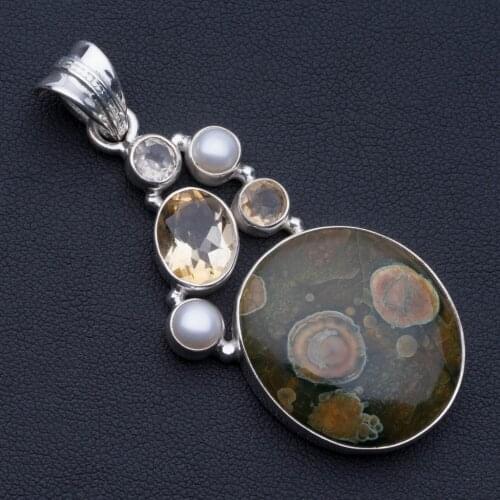 Natural Ocean Jasper,River Pearl and Citrine Punk Style 925 Sterling Silver Pendant 2 1/4" P0636