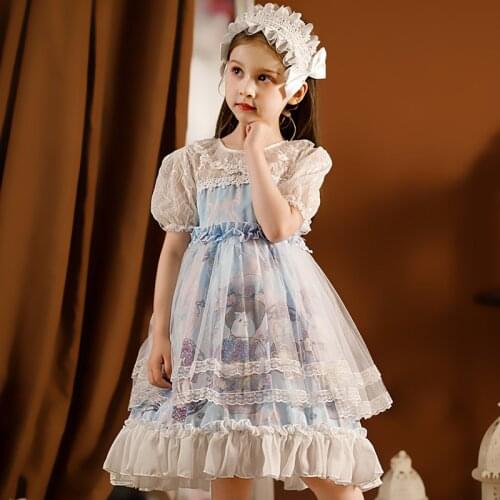 Girls' summer Lolita ball dress childrens birthday party dress 2-12 years old girl Lolita short sleeve mesh lace dress