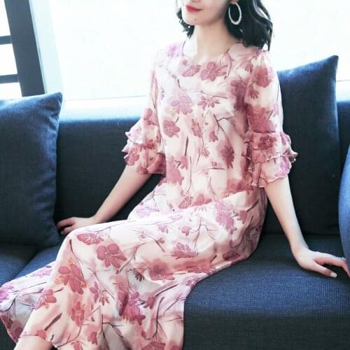 Dress Summer Women Pink Party Dresses Long Print Floral Dresses Chiffon Dress Elegant Ladies Vestidos Verano LWL266266