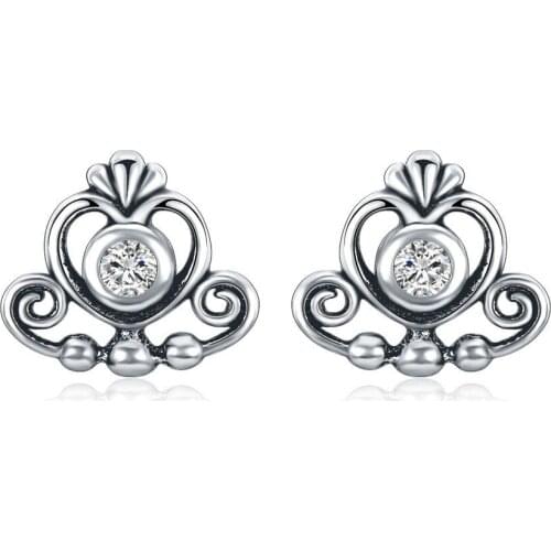 Hot Sale Silver Color My Princess Tiara, Clear CZ Heart Crown Stud Earrings for Women Wedding Brand Earrings Jewelry