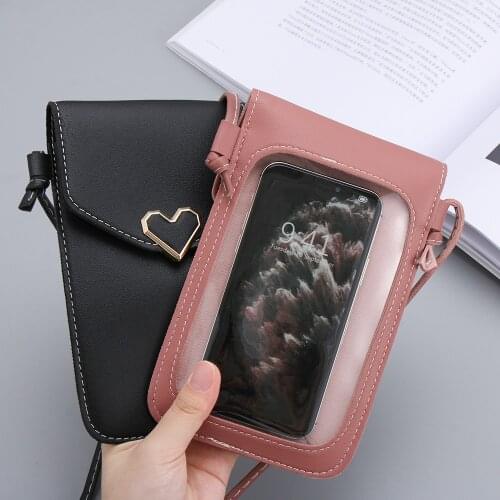 Mobile Phone Case Bag Women Simple Cat Ear-Shaped Decor PU Leather Transparent Touch-Screen Mobile Phone Shoulder Bag