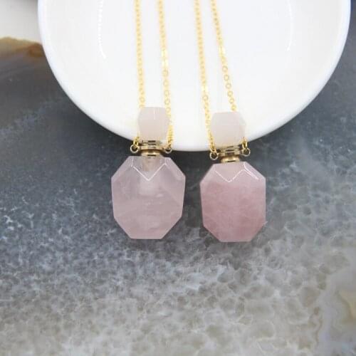 Natural Rose Quartzs Perfume Bottle Pendant,Faceted Healing Pink Crystal Essential Oil Diffuser Vial Necklace For Women Gift