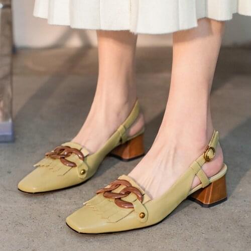 Women Summer Shoes 2021 Genuine Leather 100% Woman Sandals Ladies Low Heels Square Toes Pumps Chunky Heels Sandles White/Green