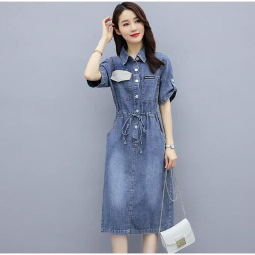 New Summer Style Women Dresses Plus Size Turn-Down Collar Collect Waist Slim Pockets Jeans Dress For Females Denim One-Piece