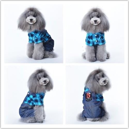 Pet clothes Teddy dog clothes pet clothes fall/winter new polar fleece plaid denim strap four-legged outfit