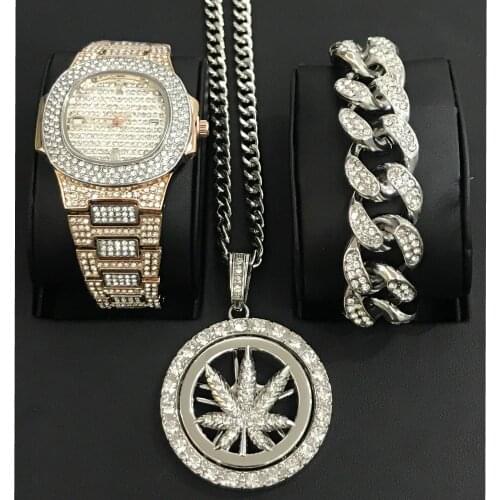 Luxury Men Gold Silver Color Watch & Bracelet & Necklace Combo Lucky Turn Pendant Ice Out Cuban Watch Hip Hop Jewerly For Men