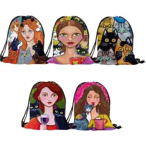 Oil Painting Style Women Men String Backpack Cat Royal Lady Art Print Polyester String Shoulder Bag Unisex Casual Storage Bags