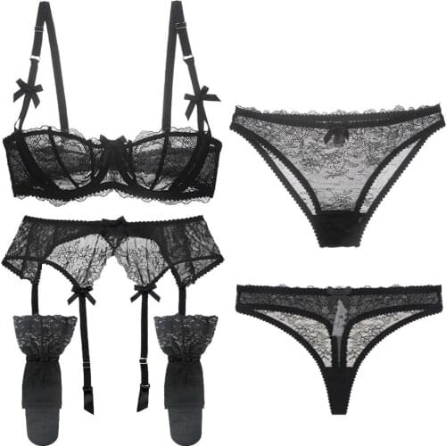 Sexy Lace Transparent Ultra-thin Solid Style Bra and panties and thong Set and Garter and Stocking 5 Pieces/Lots